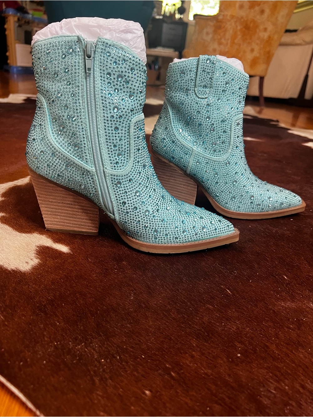 Very G Rhinestone Western Cowboy Booties Aqua Turquoise Size 7.5